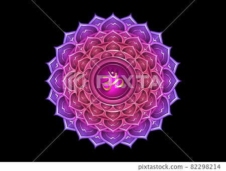 seventh chakra Sahasrara logo template. Crown chakra symbol, Purple lotus sacral sign meditation, yoga gold round mandala icon. Gold symbol Om in the center, vector isolated on black background 82298214