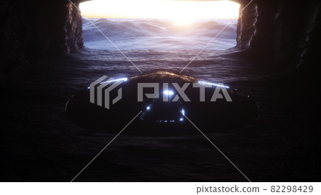 Futuristic old sci fi ship flying in rock cave. Future concept. 3d rendering. Futuristic old sci fi ship flying in rock cave. Future concept. 3d rendering. 82298429