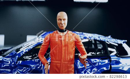Robot crash test dummy sitting near destroyed car crash test. Future concept. 3d rendering. 82298613