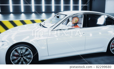 Generic 3d car crash test with crashtest dummy. Car destruction. 3d render. 82299680