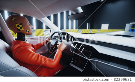 Generic 3d car crash test with crashtest dummy. Car destruction. 3d render. Generic 3d car crash test with crashtest dummy. Car destruction. 3d render. 82299681