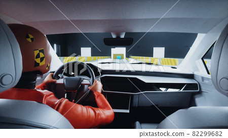 Generic 3d car crash test with crashtest dummy. Car destruction. 3d render. Generic 3d car crash test with crashtest dummy. Car destruction. 3d render. 82299682