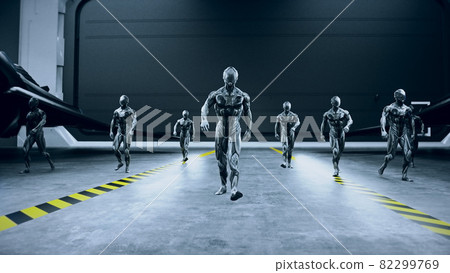 Military space futuristic soldiers walk in mitary space base. 3d rendering. Military space futuristic soldiers walk in mitary space base. 3d rendering. 82299769