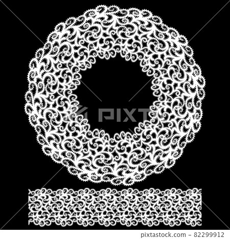 Lace round frame and pattern brush template. Wide white lace pattern isolated on black background. 82299912