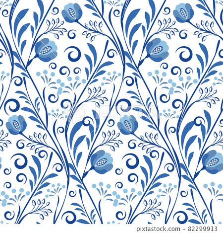 Traditional blue on white seamless pattern with flower roses, curls and leaves. Design in Chinese style. Russian motif decoration. Floral tiled repetitive ornament. Oriental print. Traditional blue on white seamless pattern with flower roses, curls and leaves. Design in Chinese style. Russian motif decoration. Floral tiled repetitive ornament. Oriental print. 82299913