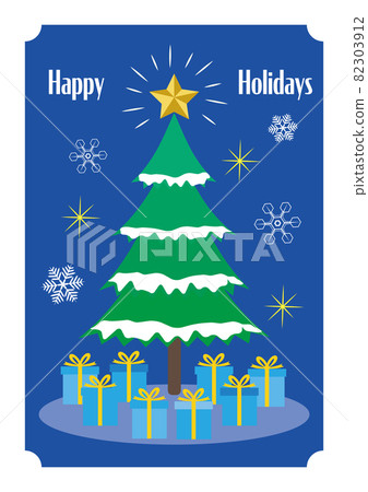 Blue gift box and Christmas tree Happy Holidays greeting card 82303912