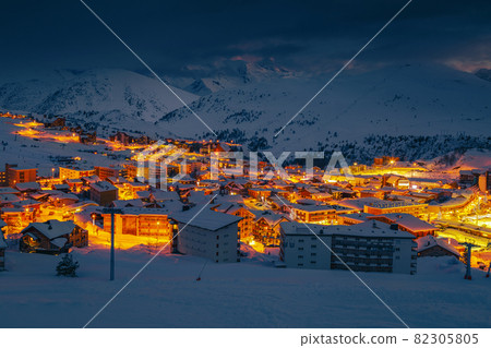 Beautiful view with ski resort and high snowy mountains, France Beautiful view with ski resort and high snowy mountains, France 82305805