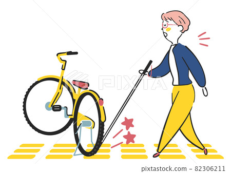 A visually impaired woman with a white cane who cannot walk because the bicycle on the Braille block is an obstacle Illustration material 82306211