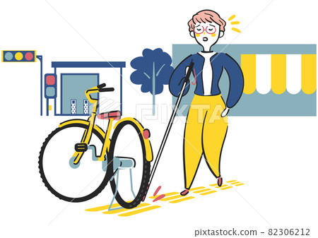A visually impaired woman with a white cane who cannot walk because the bicycle on the Braille block is an obstacle Illustration material 82306212