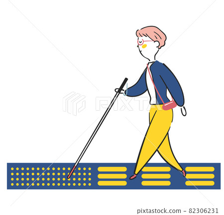 A visually impaired woman walking on a Braille block with a white cane Illustration material A visually impaired woman walking on a Braille block with a white cane Illustration material 82306231