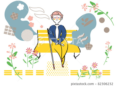 A visually impaired woman who puts a white cane on a bench and relaxes and takes a break. A visually impaired woman who puts a white cane on a bench and relaxes and takes a break. 82306232