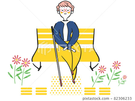 A visually impaired woman who puts a white cane on a bench and relaxes and takes a break. 82306233