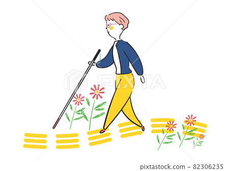 A visually impaired woman walking along the road where cosmos blooms, relying on Braille blocks Illustration material 82306235