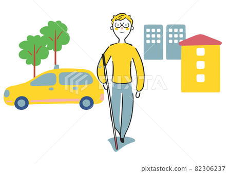 Visually impaired person walking in the city with a white cane Illustration material 82306237