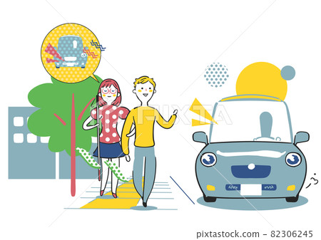 一個拿著白手杖的視障婦女在一個健康人的支持下在鎮上行走 插圖素材 82306245