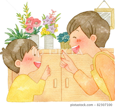 微笑的父母和孩子指著入口的水彩插圖（承諾，指著確認） 82307100