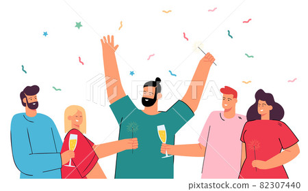 Happy group of people celebrating together - Stock Illustration