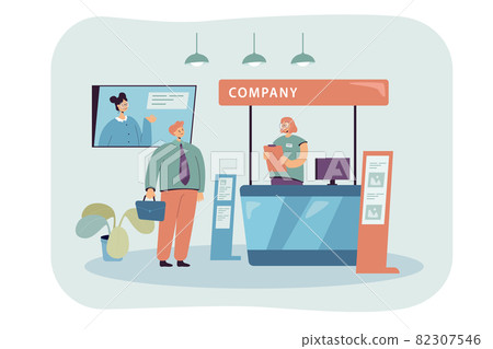 Company representative clerk talking with businessman Company representative clerk talking with businessman 82307546