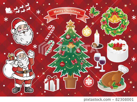 Christmas tree Santa Claus roast chicken cake present illustration white border set 82308001