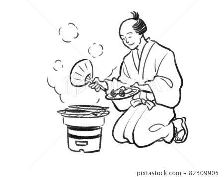 一個人用日本畫觸摸七林燒松茸和秋刀魚的插圖 82309905