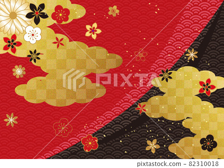 Japanese pattern and clouds_black-red background 975 82310018