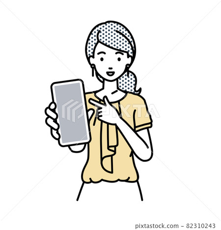 一位辦公室休閒女性站著,指著她的智能手機 一位辦公室休閒女性站著,指著她的智能手機 82310243
