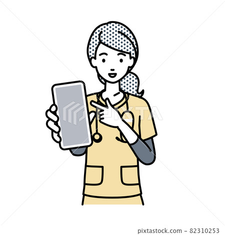 A nurse woman standing and pointing at her smartphone A nurse woman standing and pointing at her smartphone 82310253