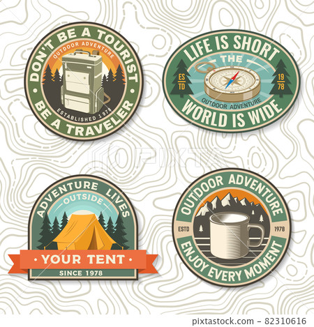 Set of patch or sticker with travel inspirational quotes. Vector. Concept for shirt or logo, print, stamp or tee. Design with retro backpack, camping tent, compass and mug silhouette Camping quote. 82310616
