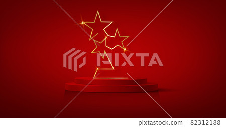 3D winner podium, red carpet party gold stars award concept. Banner Hollywood golden stars prize silhouette statue icon. Films and cinema symbol stock, Academy award vector isolated on red background 82312188