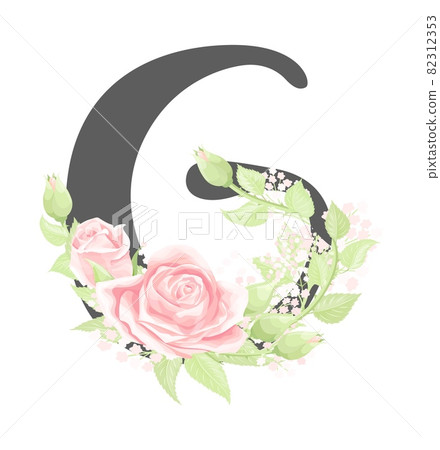 Vector floral alphabet letter G with pink cream rose flowers and green leaves 82312353