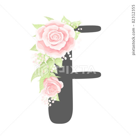Vector floral alphabet letter F with pink cream rose flowers and green leaves 82312355