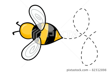 Cartoon bee mascot. A small bees flying on a dotted route. Wasp collection. Vector characters. Incest icon. Template design for invitation, cards. Doodle style Cartoon bee mascot. A small bees flying on a dotted route. Wasp collection. Vector characters. Incest icon. Template design for invitation, cards. Doodle style 82312898