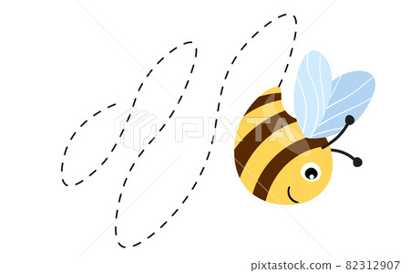 Cartoon bee mascot. A small bees flying on a dotted route. Wasp collection. Vector characters. Incest icon. Template design for invitation, cards. Doodle style Cartoon bee mascot. A small bees flying on a dotted route. Wasp collection. Vector characters. Incest icon. Template design for invitation, cards. Doodle style 82312907