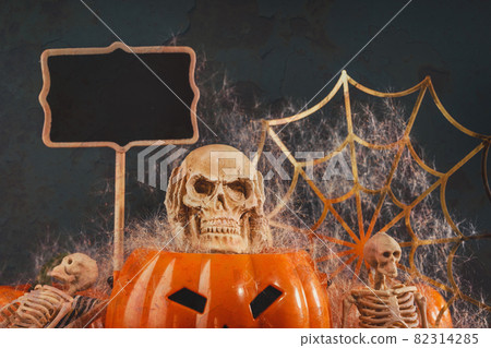 Halloween skeletons having Spooky party with pumpkin and spider Halloween skeletons having Spooky party with pumpkin and spider 82314285