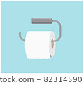 a roll of toilet paper hanging on a metal hanger on a blue wall background  82314590