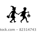 black silhouettes children in halloween witch costumes hold hands and go to the party  82314743