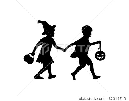 black silhouettes children in halloween witch costumes hold hands and go to the party black silhouettes children in halloween witch costumes hold hands and go to the party 82314743