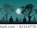 On Halloween Night, there are stone graves in the cemetery and the full moon is shining  82314776