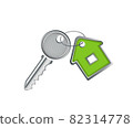metal silver key with a keychain in the form of a green house on a white background  82314778