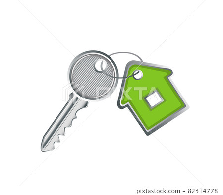metal silver key with a keychain in the form of a green house on a white background metal silver key with a keychain in the form of a green house on a white background 82314778