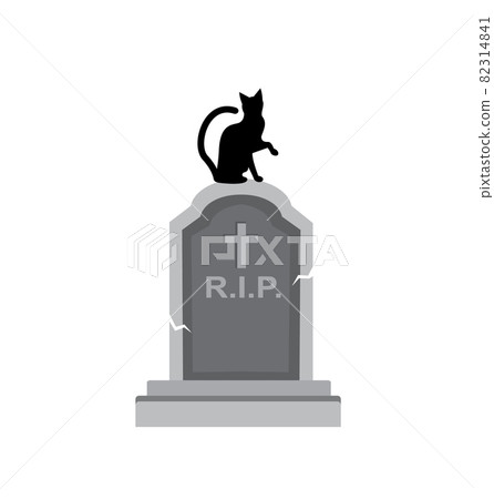 black silhouette The cat sits on a stone old grave on a white background. Halloween picture black silhouette The cat sits on a stone old grave on a white background. Halloween picture 82314841