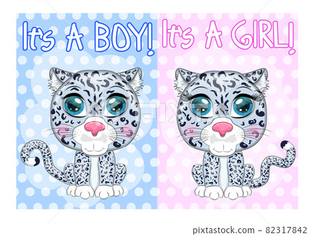 Baby Shower greeting card with Cute boy and girl. Cartoon snow leopard couple with expressive eyes. leopard snow, irbis 82317842