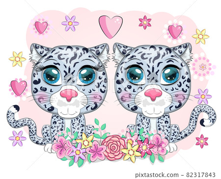 Cartoon snow leopard couple with expressive eyes among flowers, hearts, decorative elements. Wild animals, character, childish cute style. Cartoon snow leopard couple with expressive eyes among flowers, hearts, decorative elements. Wild animals, character, childish cute style. 82317843