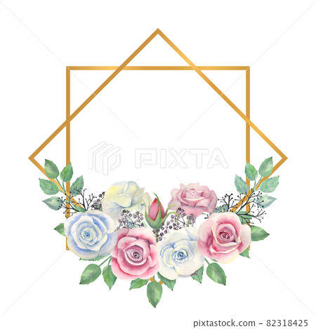 Blue and pink roses flowers, green leaves, berries in a gold diamond-shaped frame. Watercolor illustration 82318425