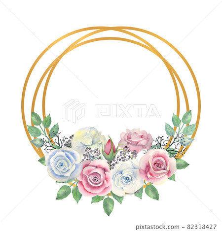 Blue and pink roses flowers, green leaves, berries in a gold round frame. Watercolor illustration Blue and pink roses flowers, green leaves, berries in a gold round frame. Watercolor illustration 82318427