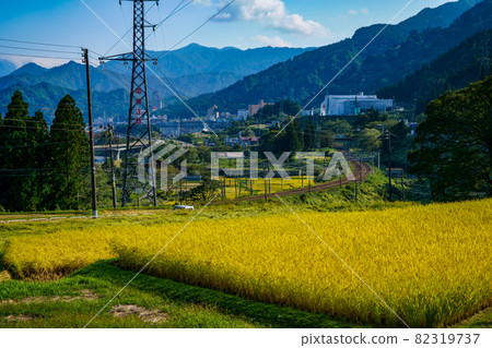 可以看到金色稻穗和上越線的稻穀新潟秋景 82319737