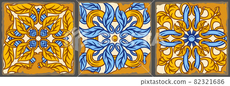 Portuguese azulejo vintage ceramic tile pattern. Old grunge background with chipped enamel tile. Italian pottery or spanish majolica. 82321686