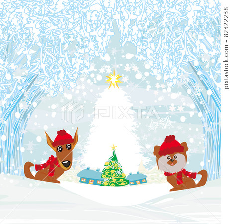 Christmas And New Year Design Card With cute dogs on a winter walk Christmas And New Year Design Card With cute dogs on a winter walk 82322238