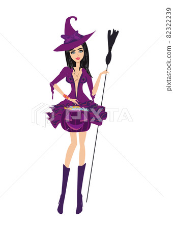 beautiful witch standing with pumpkin full of candy beautiful witch standing with pumpkin full of candy 82322239
