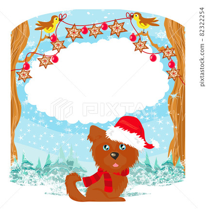 Christmas And New Year Design Card With Happy Dog In Santa Hat 82322254